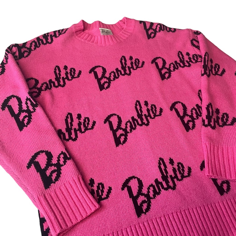 Barbie Spell Out Pink Black Crewneck Pullover Sweater Small - Picture 2 of 4